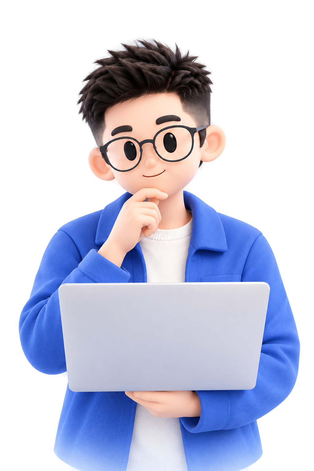 A 3D illustrated avatar of Hao Wu thinking with a silver laptop