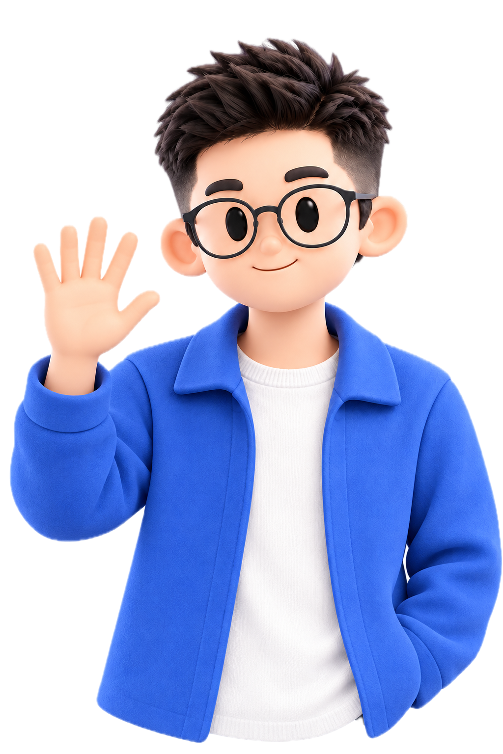 A 3D illustrated Hao Wu waving goodbye