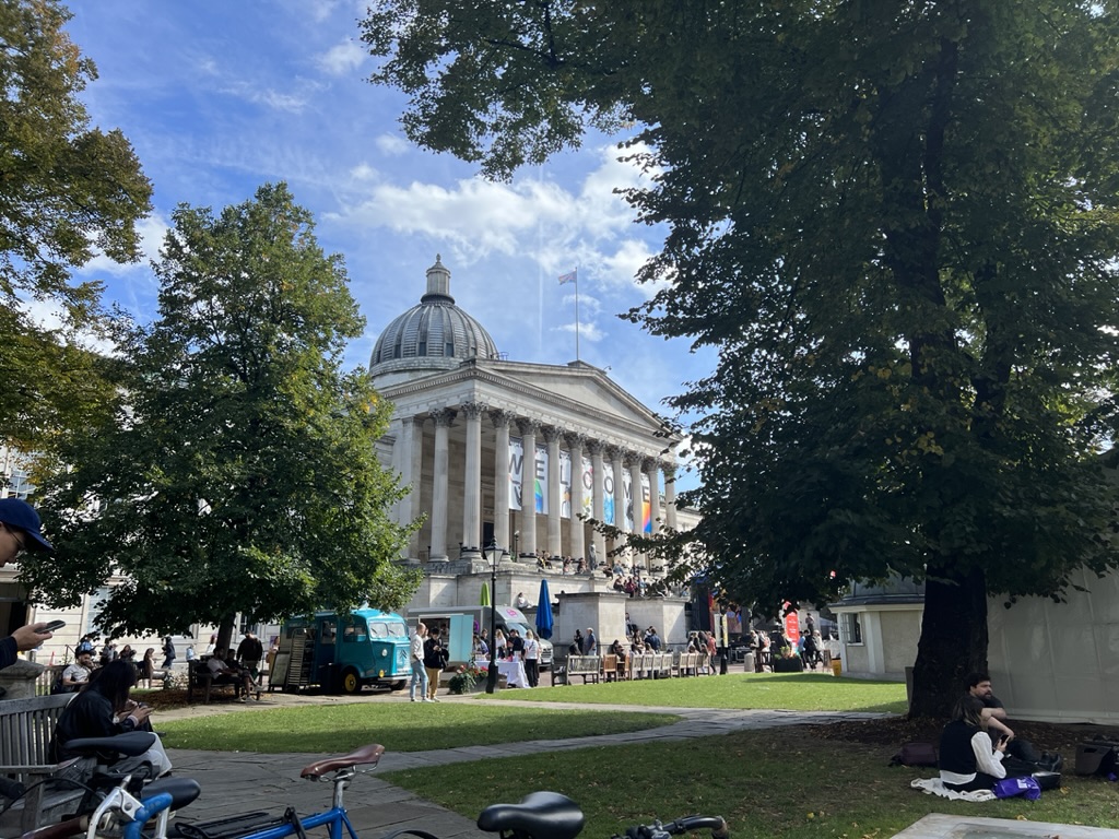 University College London Main Building framed by trees and campus life