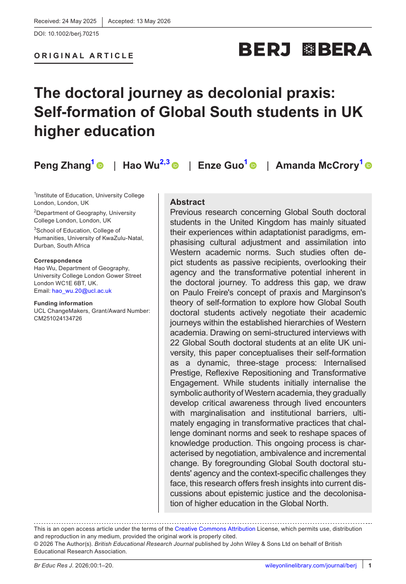 First page of The doctoral journey as decolonial praxis: Self-formation of Global South students in UK higher education