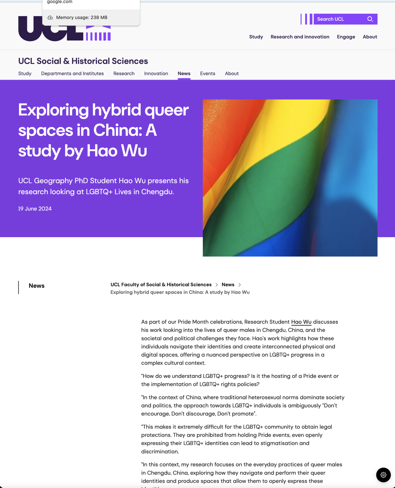 UCL research news article about Hao Wu's study of hybrid queer spaces in China